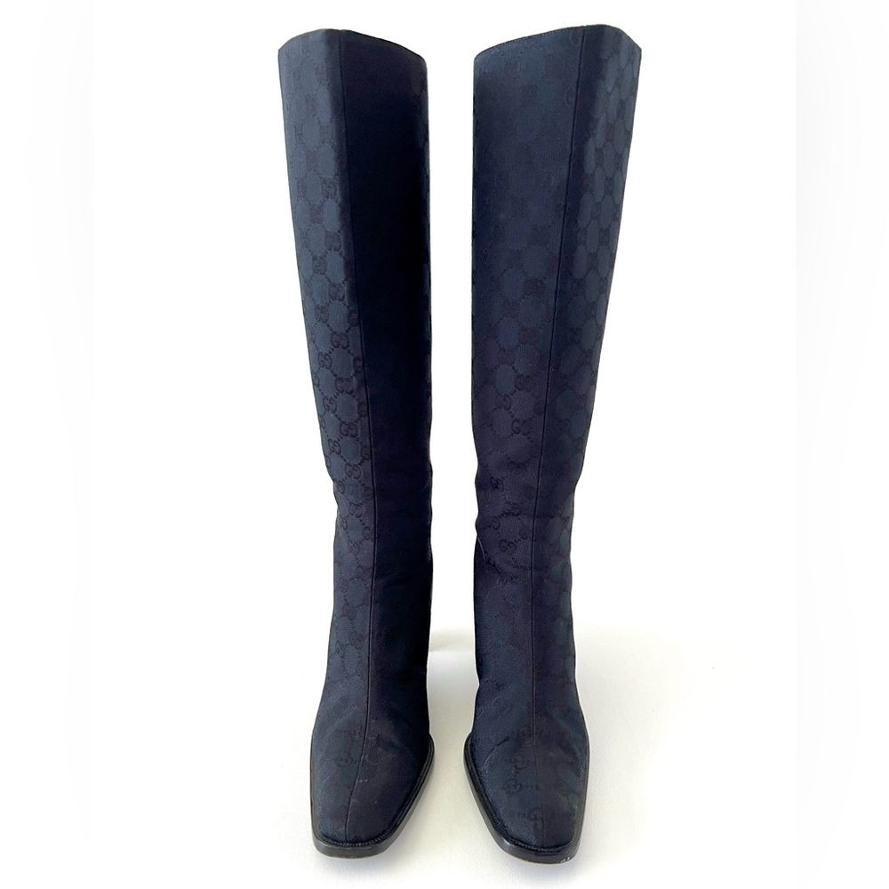 GUCCI || Vintage Y2K GG Monogram Canvas Square Toe Block Heel Knee High Boots - Picture 3 of 16